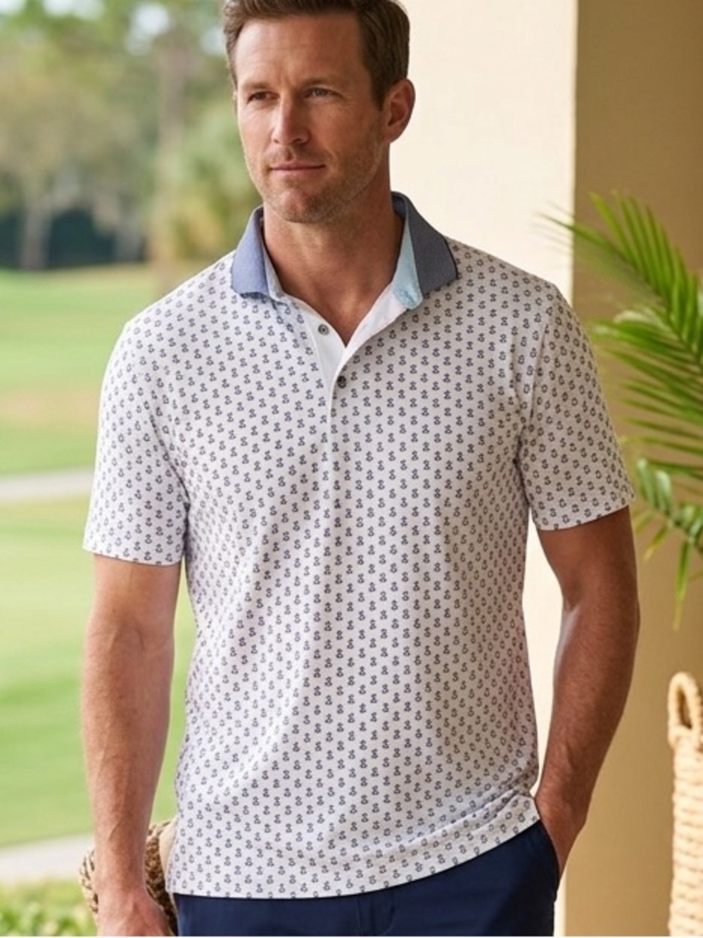 GREYSON White Anchor Print Polo Shirt with Blue Collar